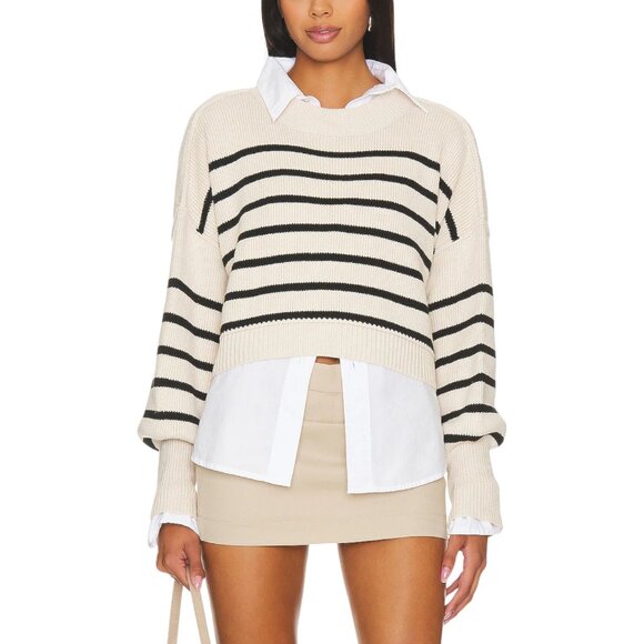 Free People Stripe Easy Street Cropped Off White Pearl Combo Sweater Sz L - Picture 1 of 14